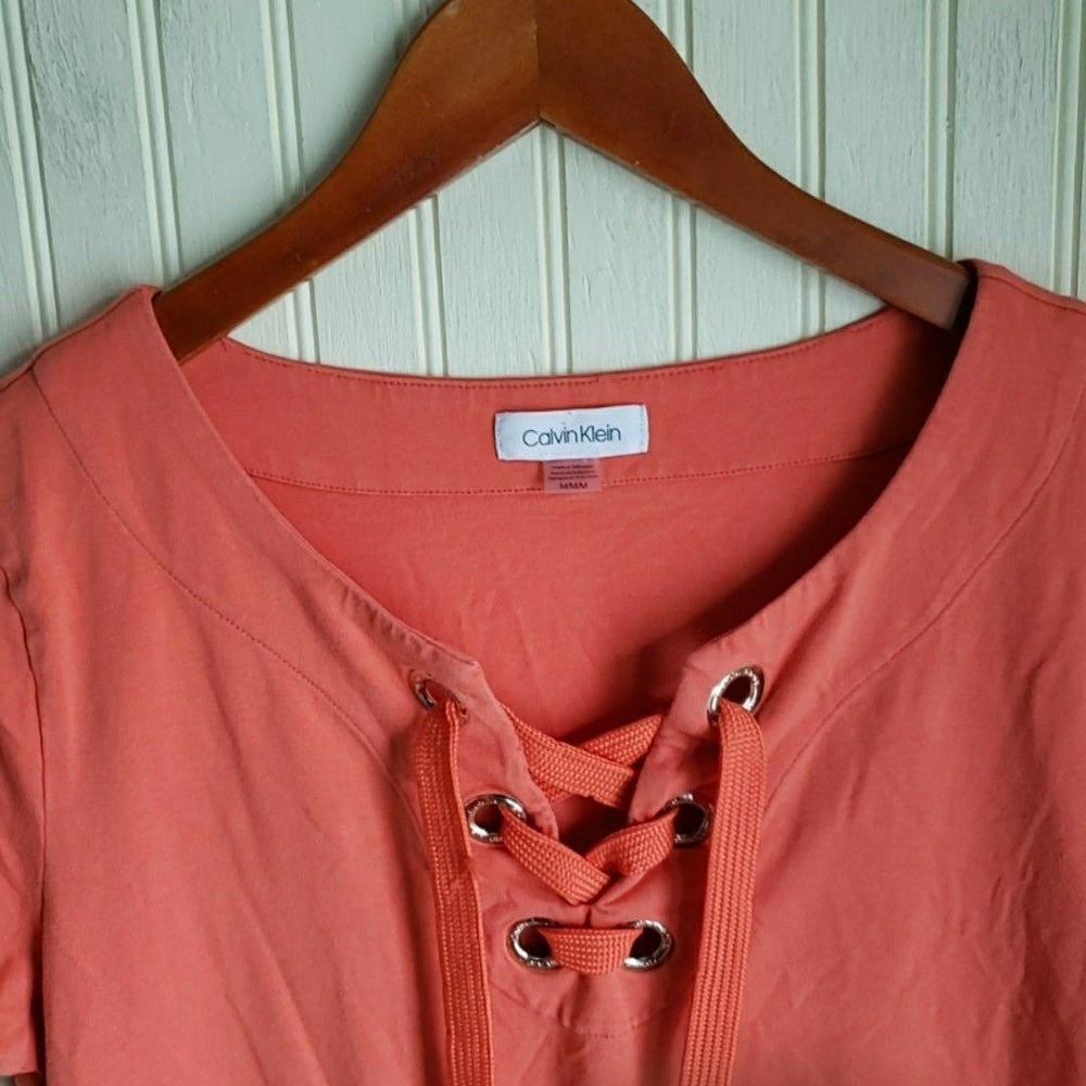 Calvin Klein T‎ Shirt Dress Womens Medium Pink Solid Short Sleeve Lace Up